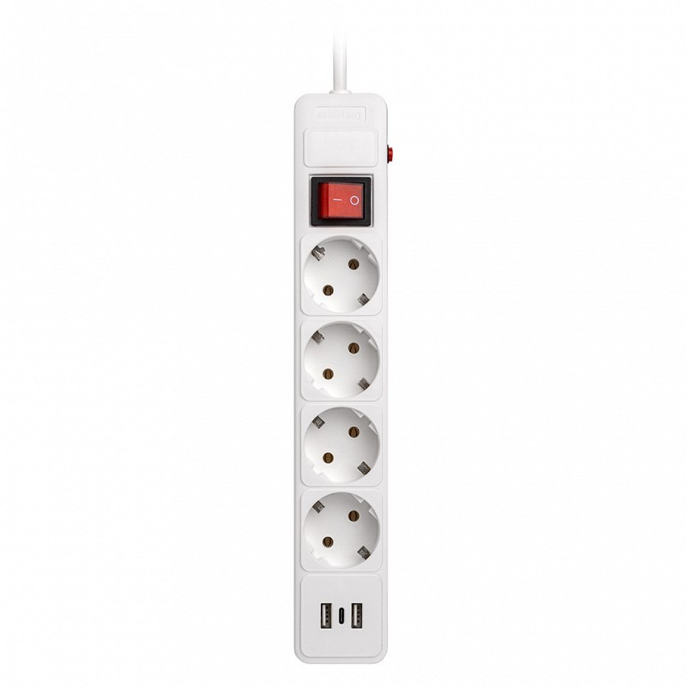 Сетевой фильтр c USB+Type C, 16А, 4 гнезда, c з/ш, с з/к, ПВС, 1.8 м, белый (SBSP-18C-W)