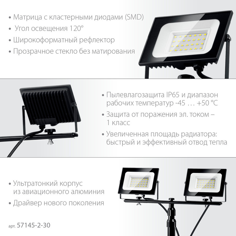 ЗУБР ПСК 30х2, 2 х 30 Вт, 6500 К, IP 65, 1.6 м, светодиодные прожекторы на штативе, Профессионал (57145-2-30)
