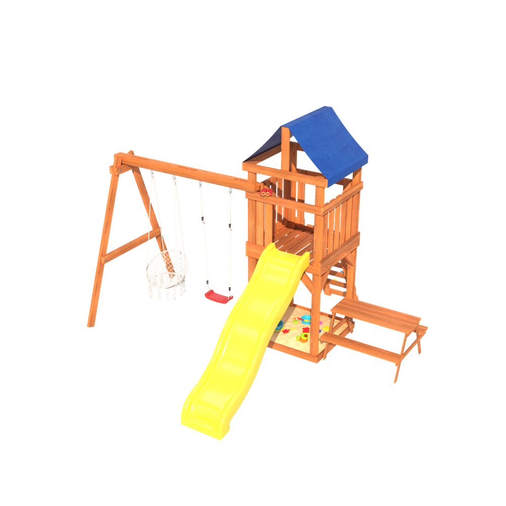 Детская площадка Fun Land с плетенным креслом, горкой и столиком со скамейками