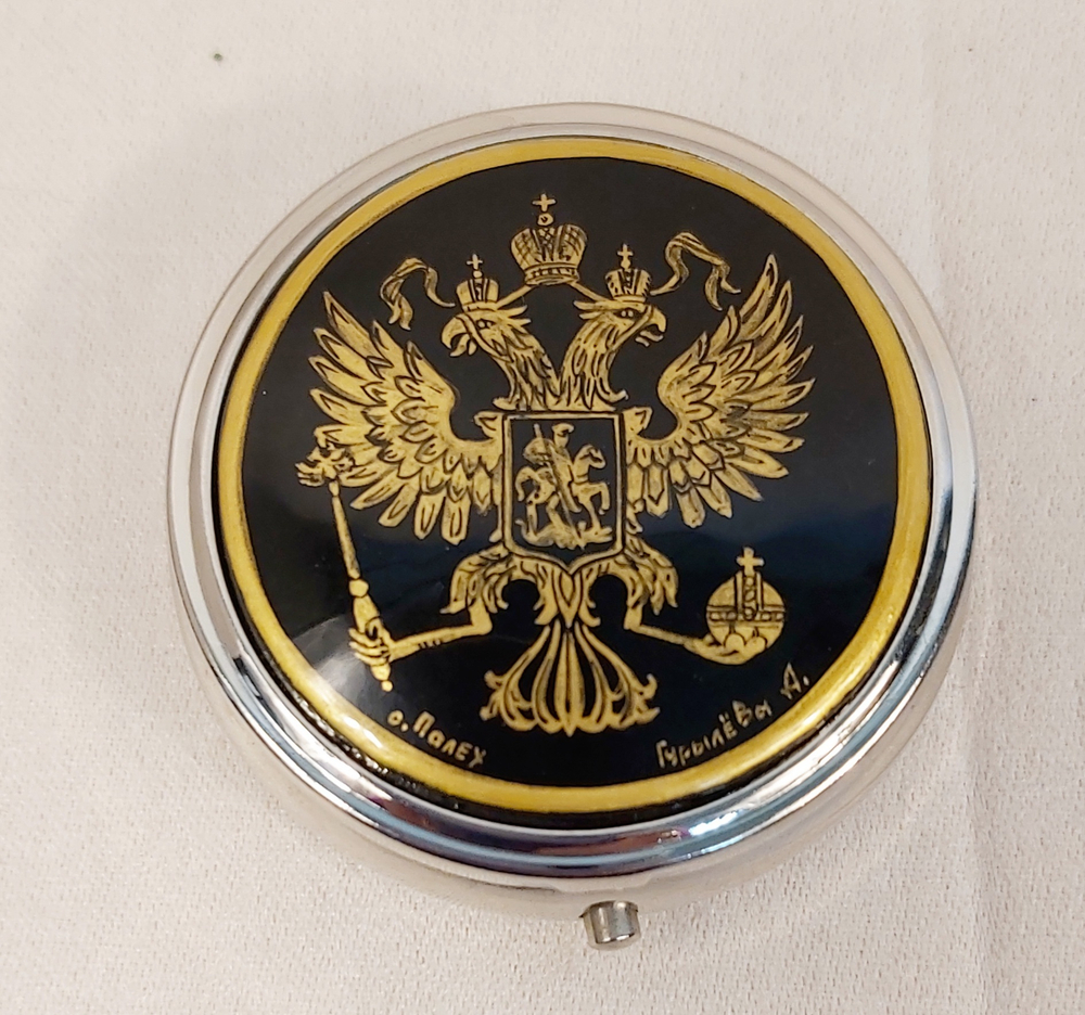Сувенирный контейнер для хранения мелочей с ручной росписью Палех "Герб РФ"
