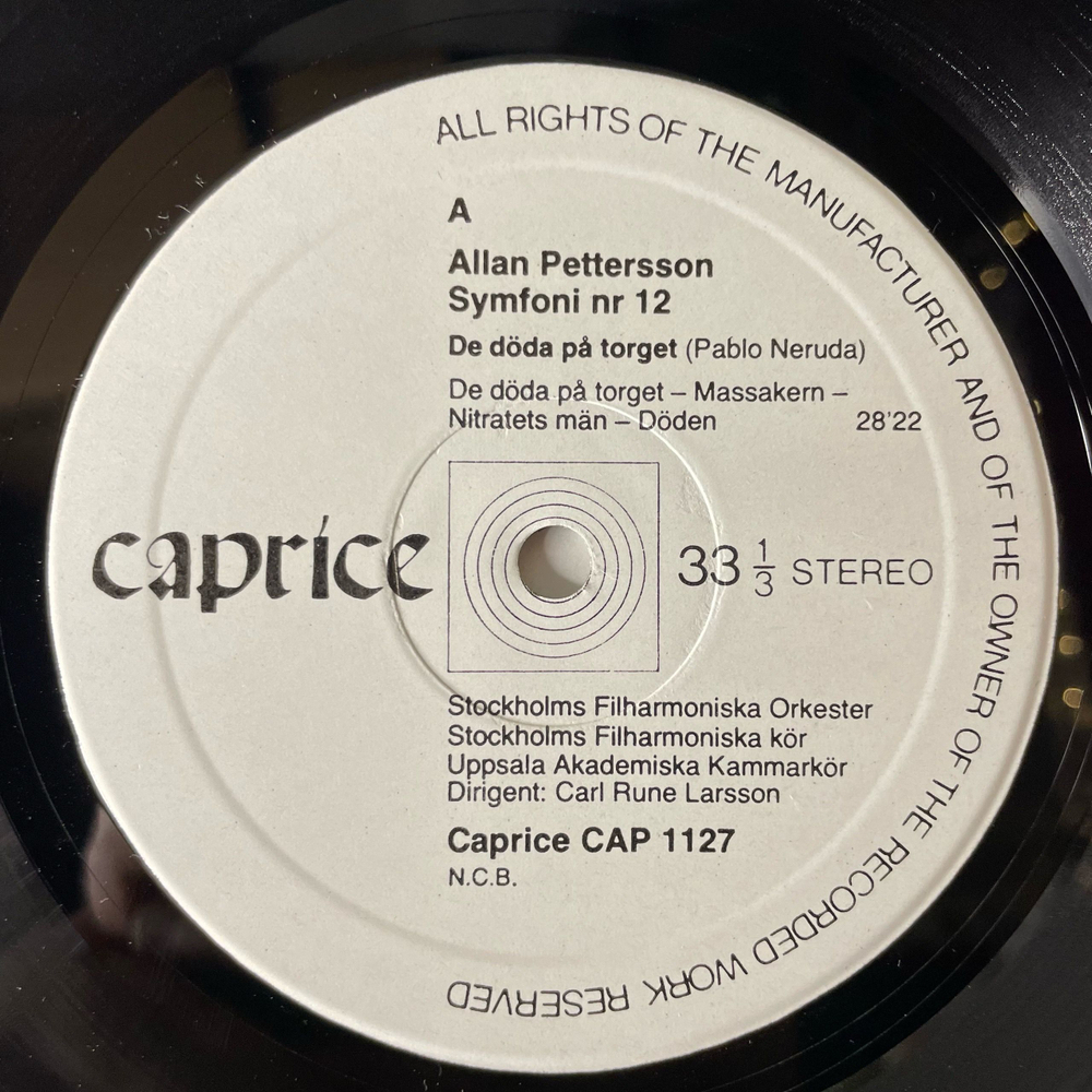 Винтажная виниловая пластинка LP Allan Pettersson, Stockholms Filharmoniska Kor Och Orkester, Uppsala Akademiska Kammarkor, Dir. Carl Rune Larsson, Symfoni Nr 12 De Doda Pa Torget (Швеция 1978)