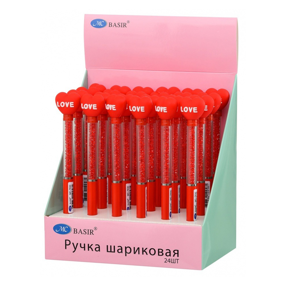 Ручка шариковая, автоматическая, Basir, синие чернила, серия "Сердечко", с поворотным механизмом и стразами, 24 шт
