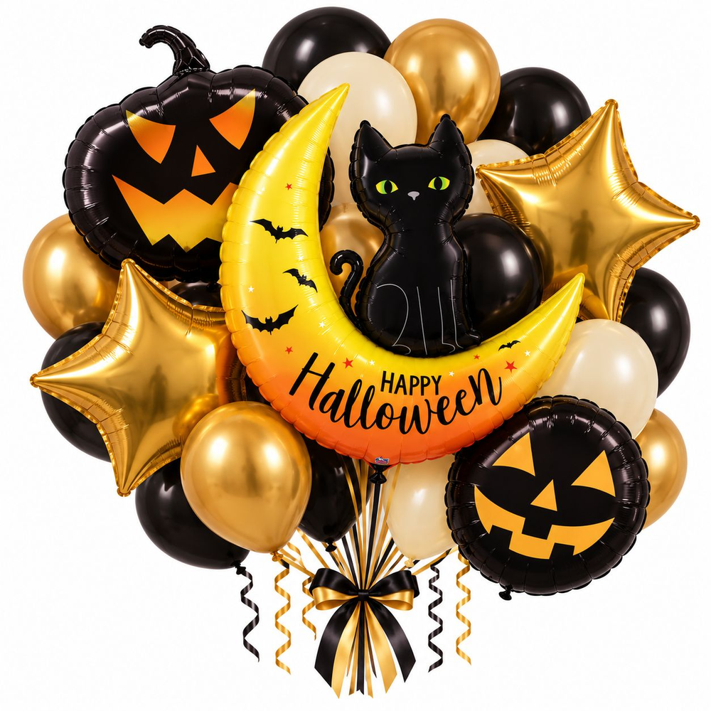 Букет шаров "Черные тыквы и черный кот"