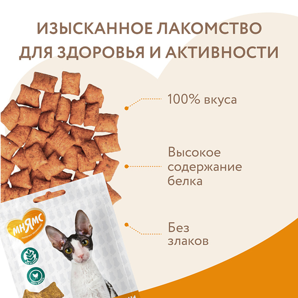 Лакомство для кошек Мнямс "Здоровье и активность" хрустящие подушечки с курицей 60 гр - 10 шт