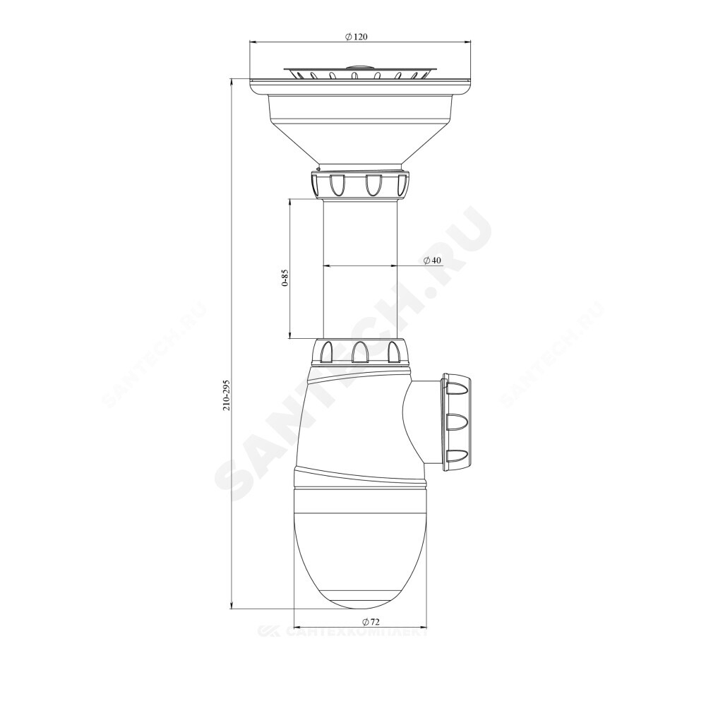 Сифон для кухонной мойки бутылочный 3 1/2"x40 выпуск с нержавеющей решёткой Unicorn В412P
