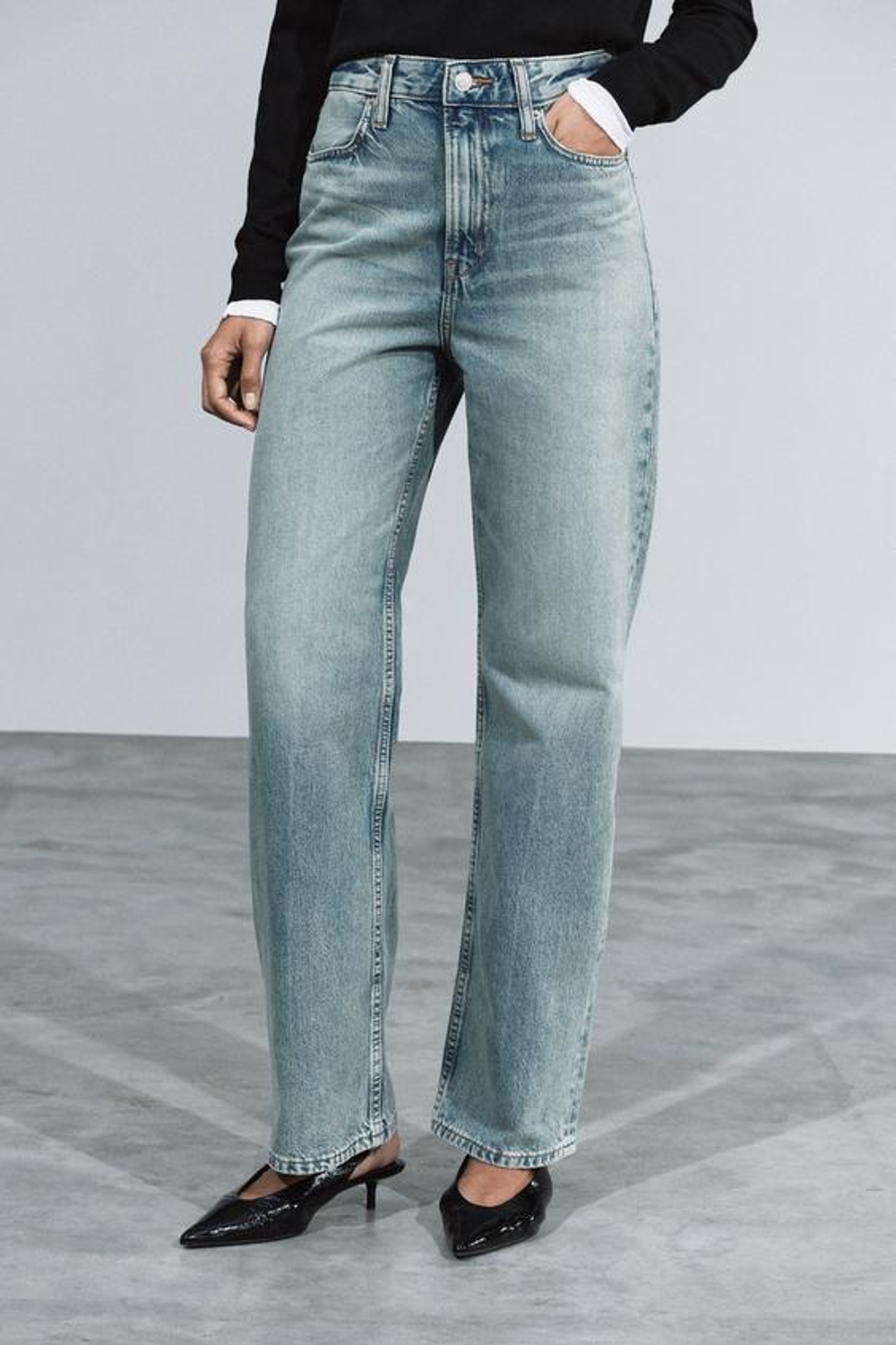 ZARA ДЖИНСЫ STRAIGHT FIT С ВЫСОКОЙ ПОСАДКОЙ — ZW COLLECTION, СИНИЙ