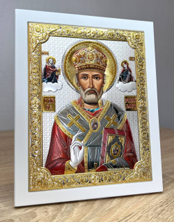 Николай Чудотворец, икона прямоугольная с рамкой, белое дерево, эмаль 185х235