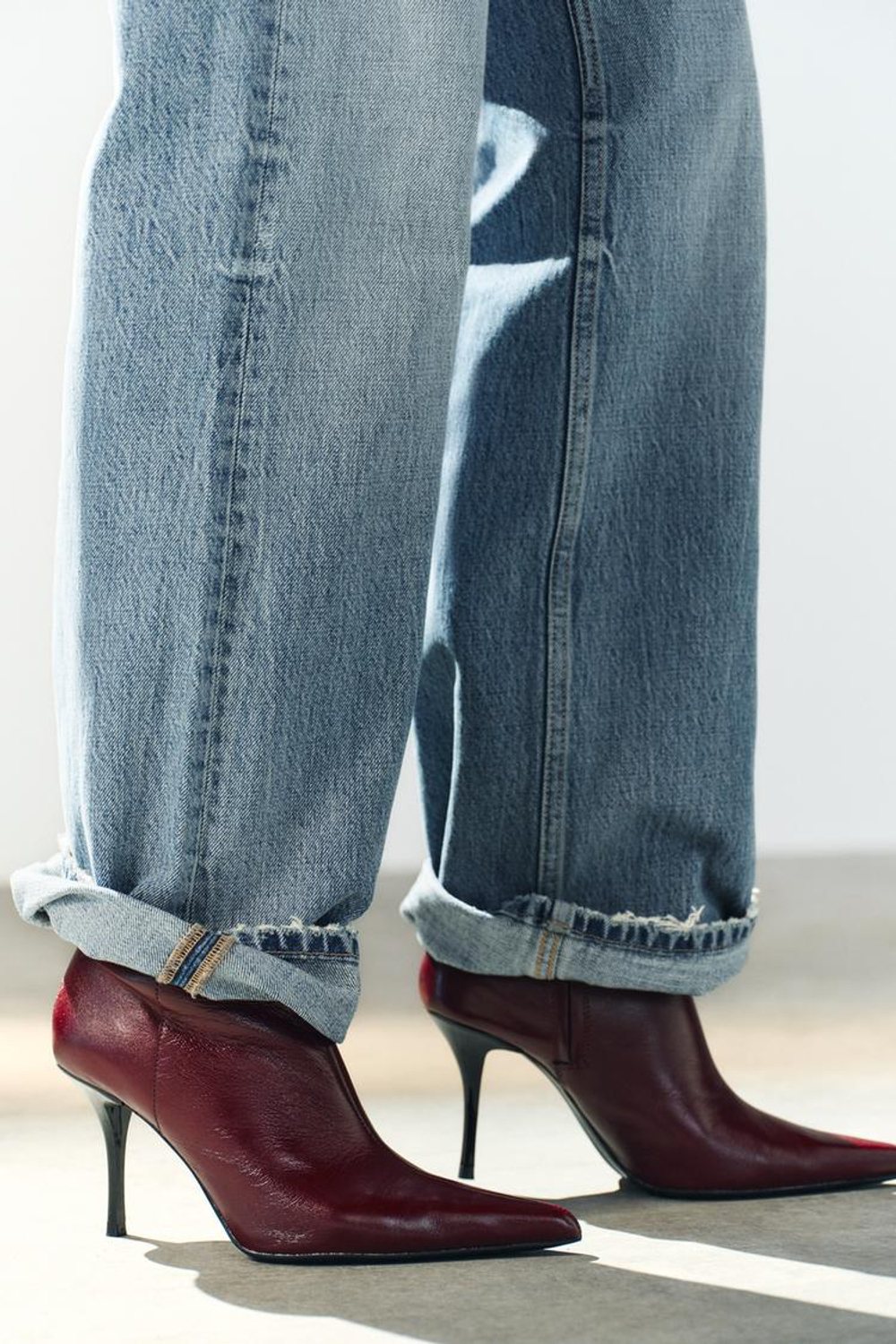 ZARA КОЖАНЫЕ БОТИЛЬОНЫ НА ВЫСОКОМ КАБЛУКЕ, БОРДОВО-КРАСНЫЙ