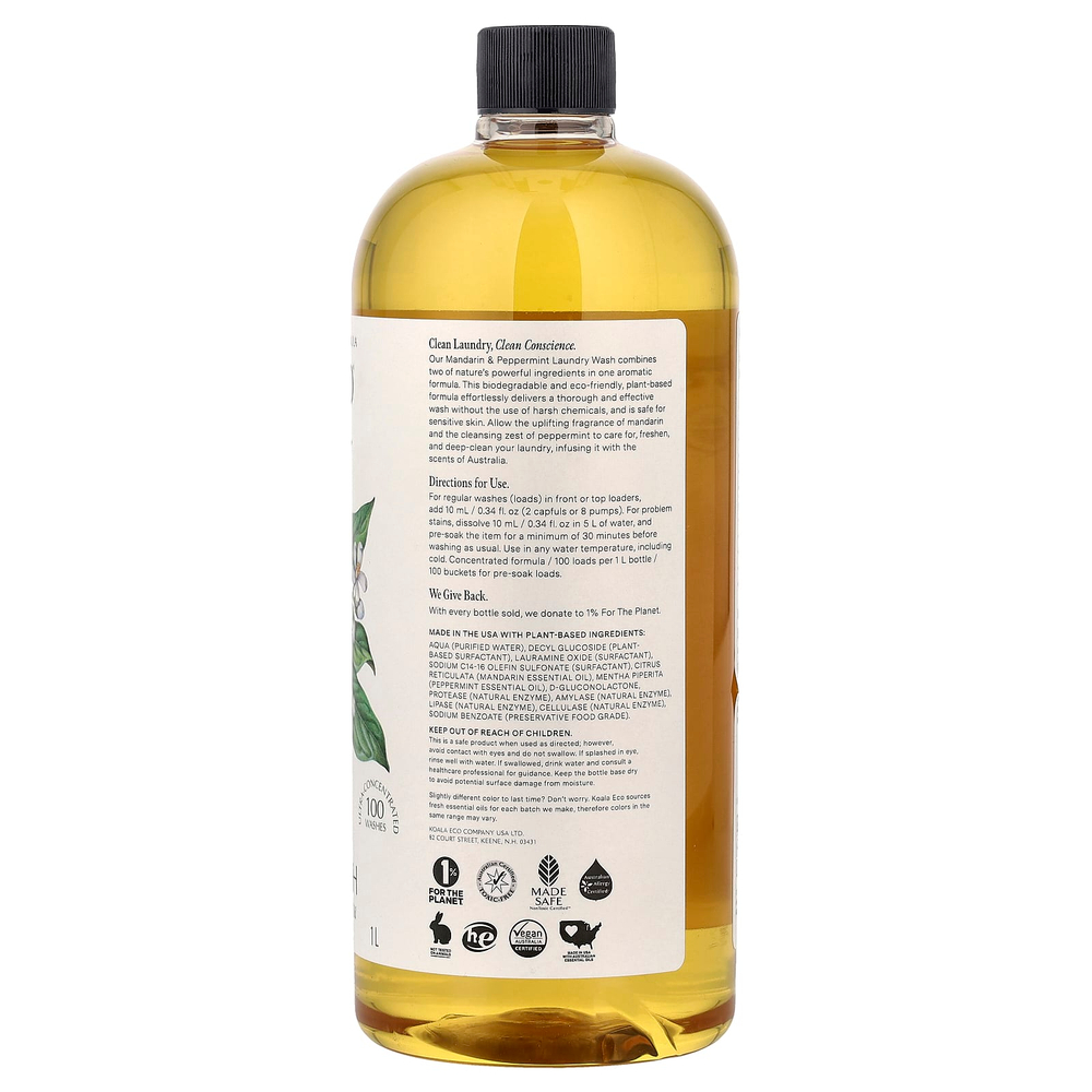 Koala Eco, натуральное средство для стирки, эфирное масло австралийского мандарина и перечной мяты, 1 л (33,8 жидк. унции)