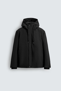 ZARA КУРТКА ИЗ ТЕХНОЛОГИЧНОЙ ТКАНИ С КАПЮШОНОМ, ЧЕРНЫЙ