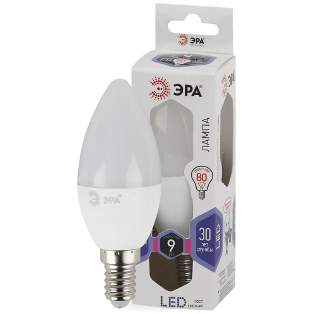 Лампа светодиодная ЭРА STD LED B35-9W-860-E14 9Вт свеча холодный дневной свет Е14 | Лампы cветодиодные Свеча (B/C)