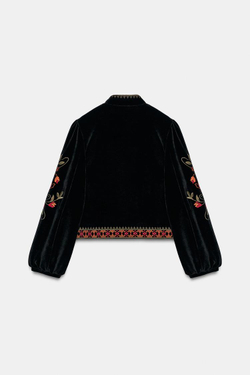 ZARA БАРХАТНАЯ КУРТКА С ВЫШИВКОЙ, ЧЕРНЫЙ