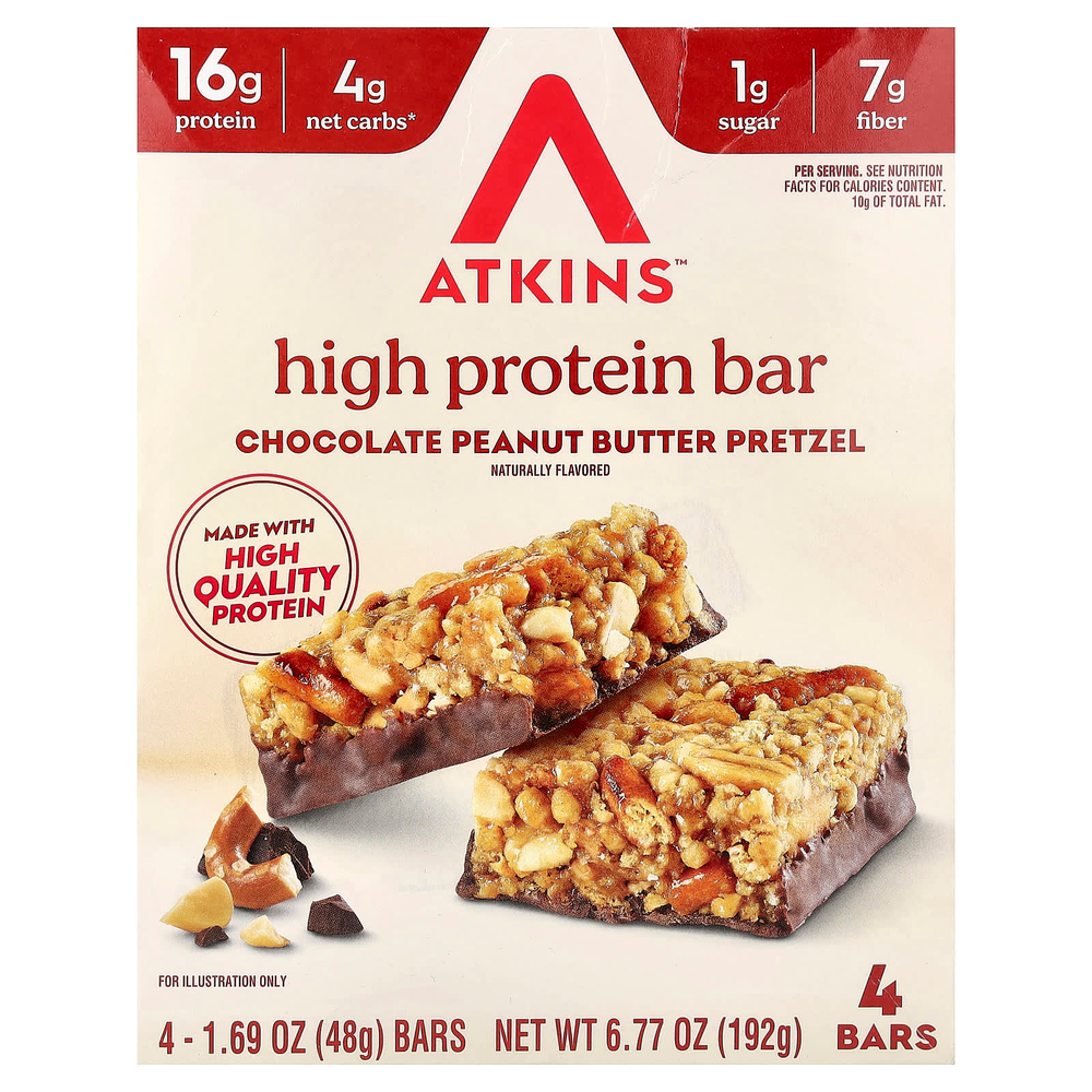 Atkins, высокопротеиновый батончик, шоколад и арахисовая паста, крендель, 4 батончика по 48 г (1,69 унции)