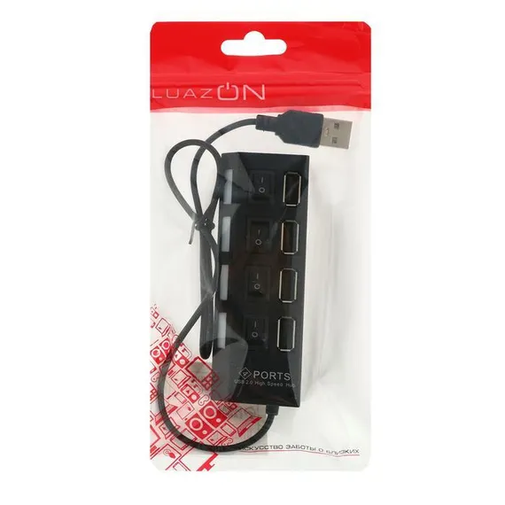 USB-разветвитель LuazON, 4 порта с индивидуальными выключателями, черный