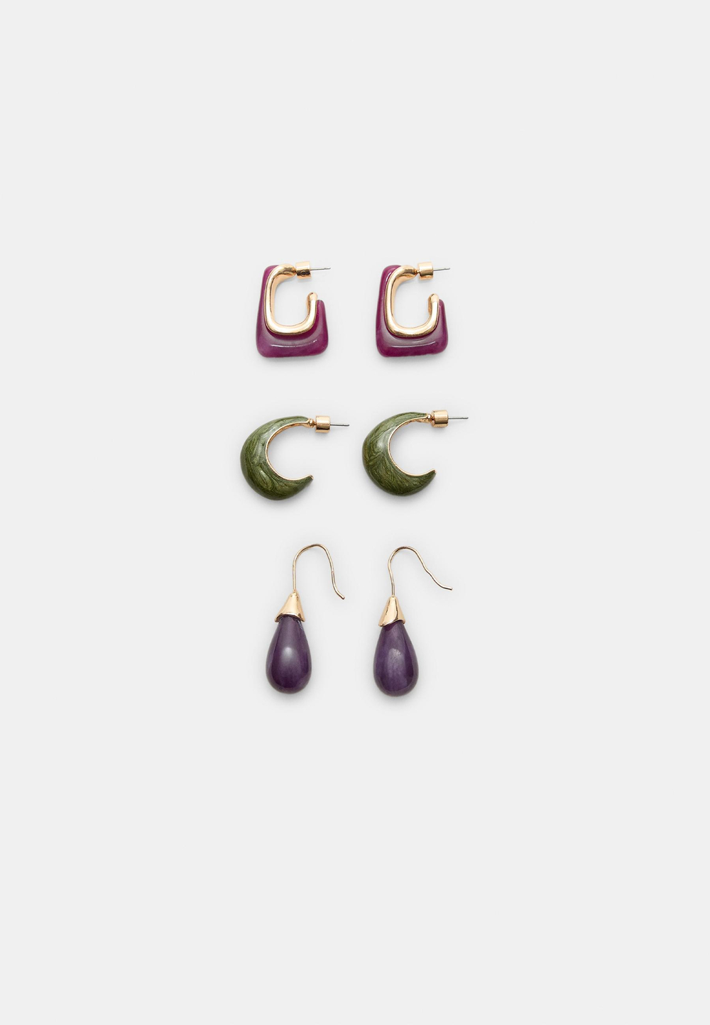 STRADIVARIUS Набор из 3 контрастных сережек-колец и капель, сиреневый