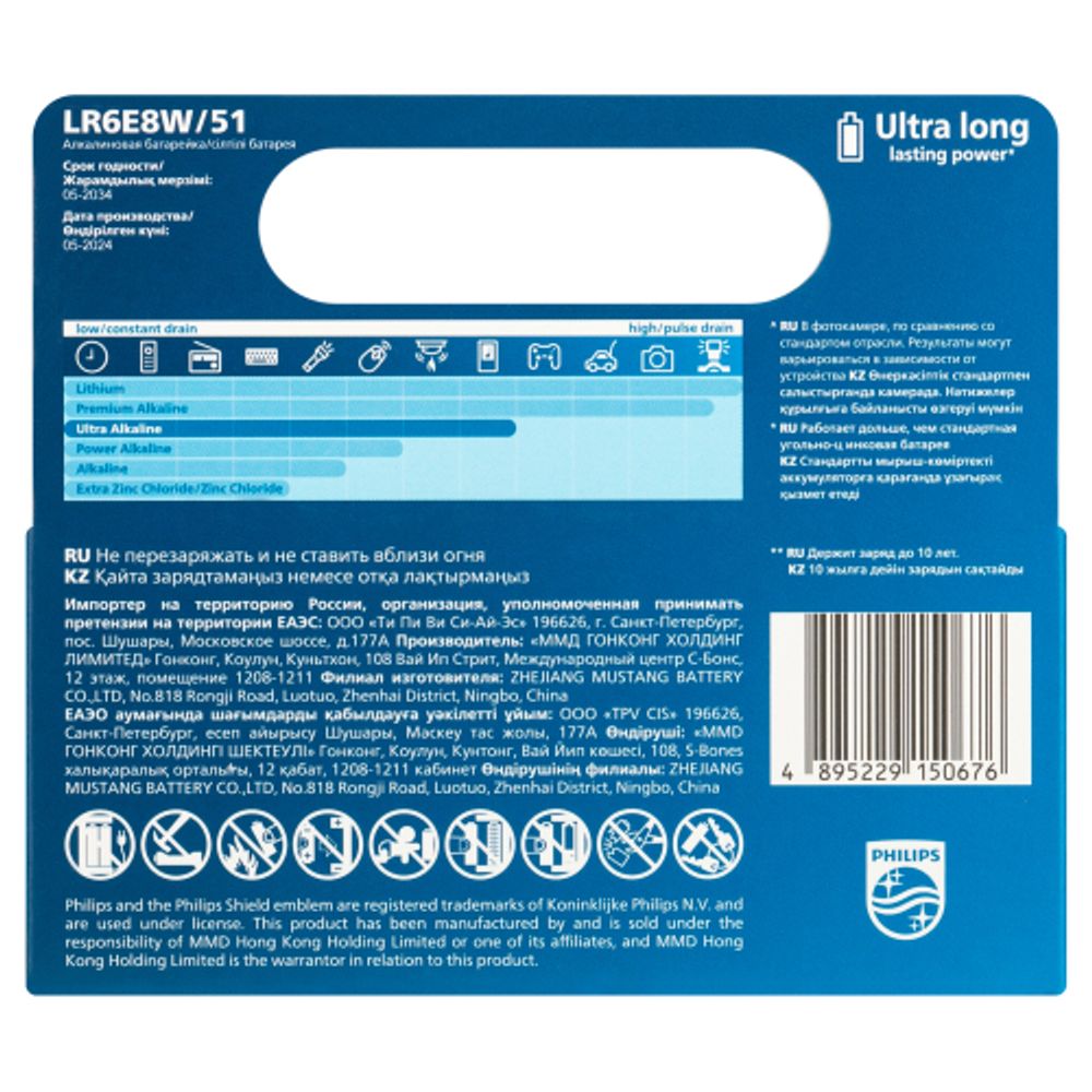 Батарейки Philips LR6E8W/51 АА алкалиновые 1,5v 8 шт. LR6-8BL Ultra | Батарейки Щелочные (Алкалиновые)