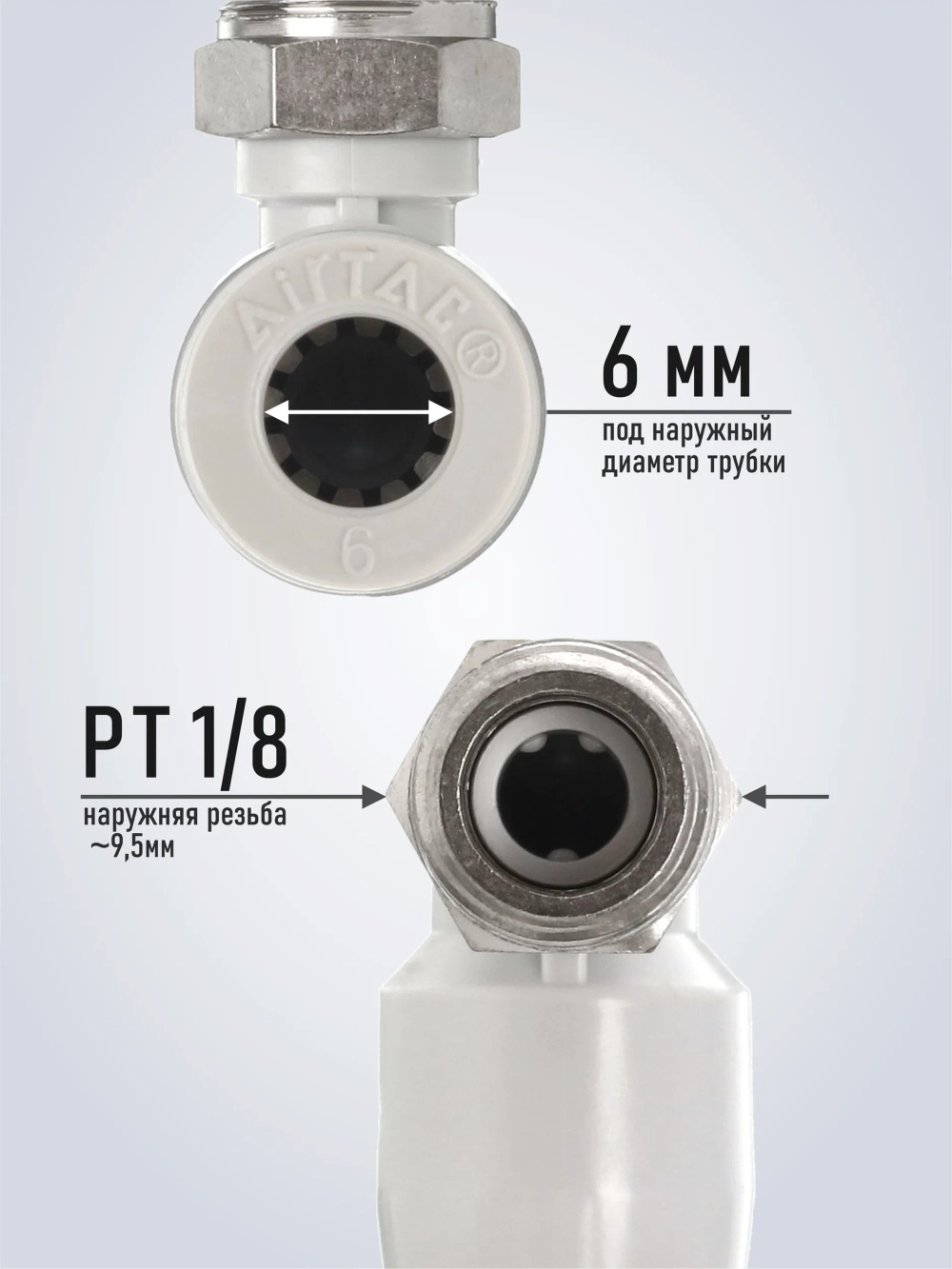 Фитинг цанговый пневматический Airtac PL601, угловой 90, трубка 6 мм, наружная резьба PT1/8, комплект 1 шт