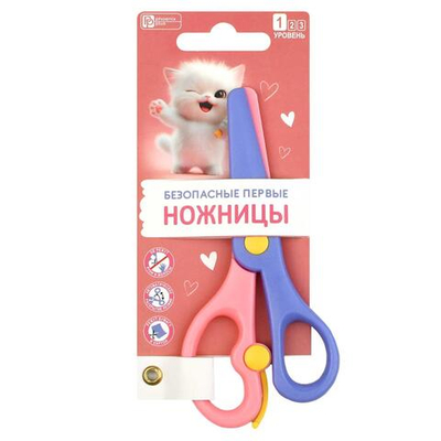 Ножницы для детей 13,6х6,2см. "Озорной котенок" розовый, голубой, пластик, для бумаги, картона (Фени