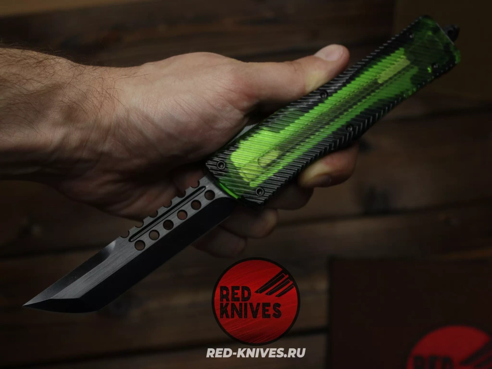 Нож Microtech Troodon H/E - рукоять зеленый Ultem, черный клинок RK-469