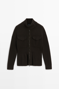 Massimo Dutti Кардиган из трикотажа, кожи и замши с карманами, коричневый