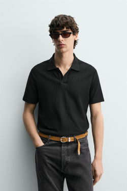 ZARA ПОЛО REGULAR FIT ИЗ ХЛОПКА С РЕЛЬЕФНЫМ УЗОРОМ, ЧЕРНЫЙ