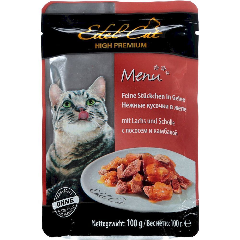 Влажный корм Edel Cat для кошек, нежные кусочки в желе с лососем и камбалой, пауч 100г Влажный корм Edel Cat для кошек, нежные кусочки в желе с лососем и камбалой, пауч 100г