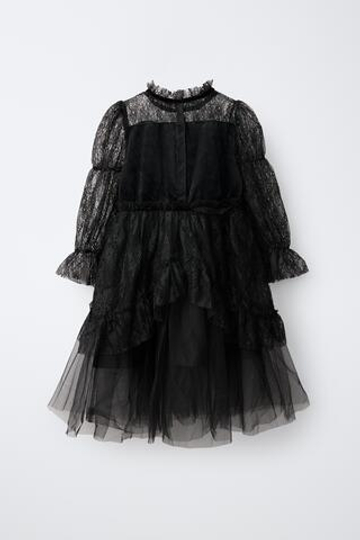 ZARA ПЛАТЬЕ-КОСТЮМ ВЕДЬМЫ С КРУЖЕВОМ И ТЮЛЕМ, ЧЕРНЫЙ