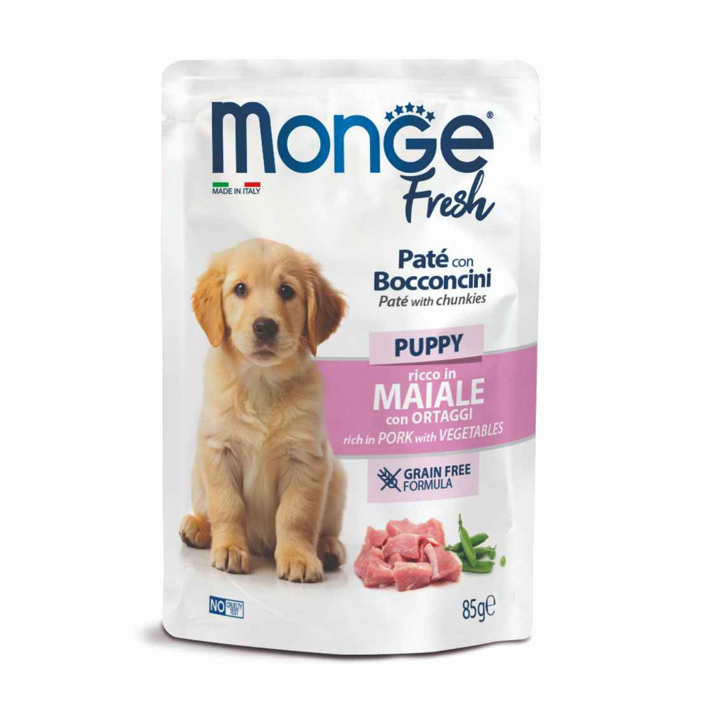 Влажный корм Monge Dog Fresh для щенков паштет с кусочками свинины и овощами паучи 85 г