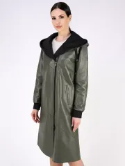 Кожаный плащ длинный с капюшоном пальто