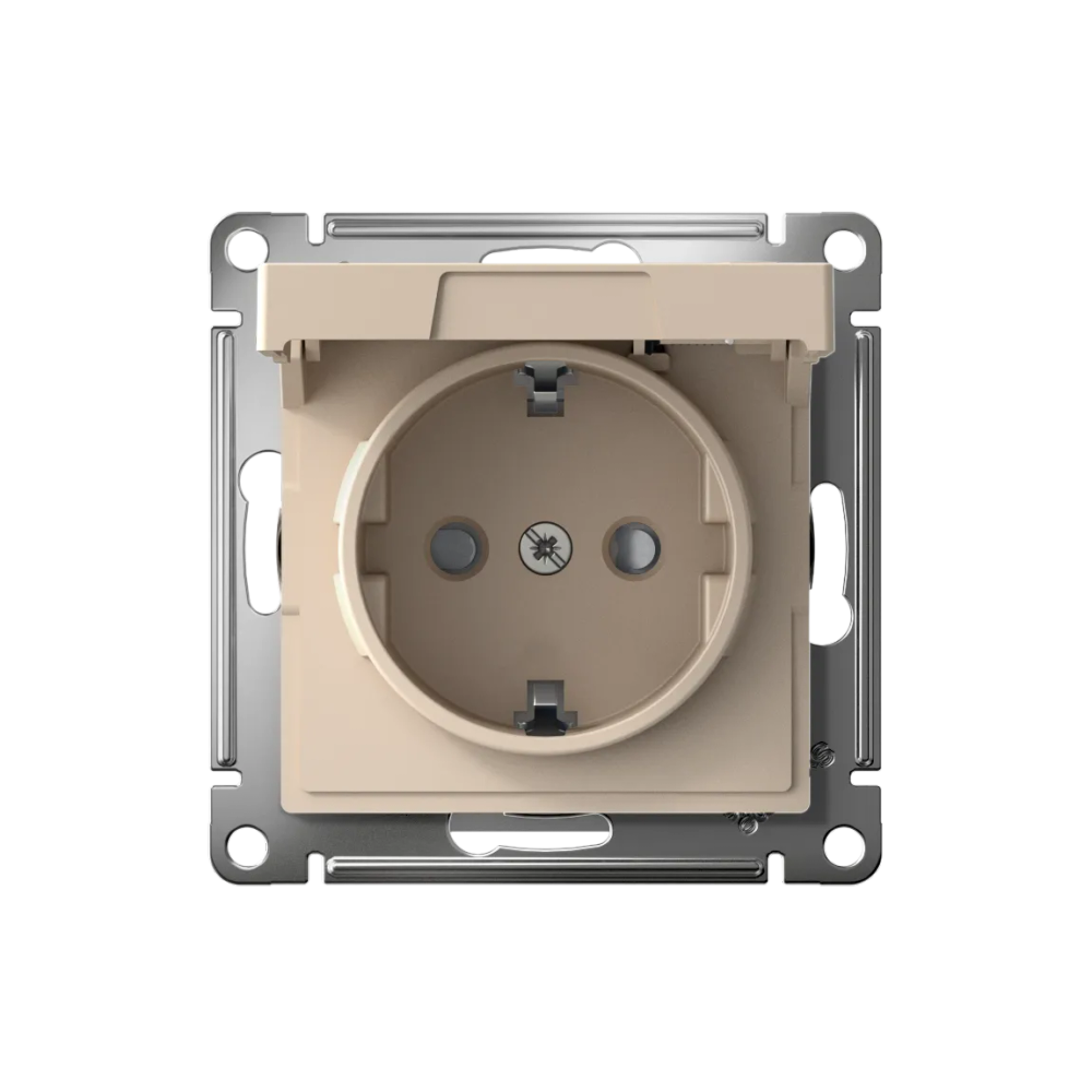 ATLASDESIGN РОЗЕТКА с заземлением со шторками с крышкой,16А,IP20, мех.,быстрозажим. клем., ПЕСОЧНЫЙ
