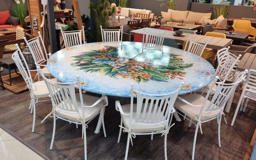 Столовая группа Domiziani Tropical на 10 персон, стол из лавового камня диам. 230 см, кресла нерж. сталь - 10 шт., Италия