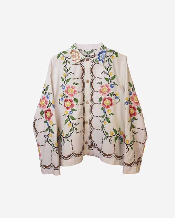 Рубашка Украшенная Яркой Вышивкой / Big Pink Flowers Long Sleeve белая - фото 1