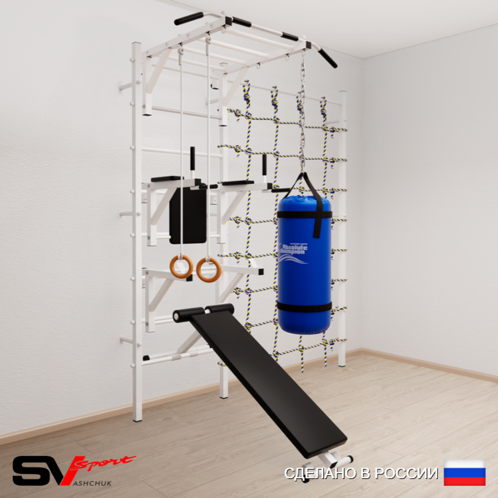 Шведская стенка Sv Sport усиленная 66110 (Турник рукоход/Брусья/Стойка/Скамья/Кольца/Цепь/Мешок 15кг/Канатный лаз)