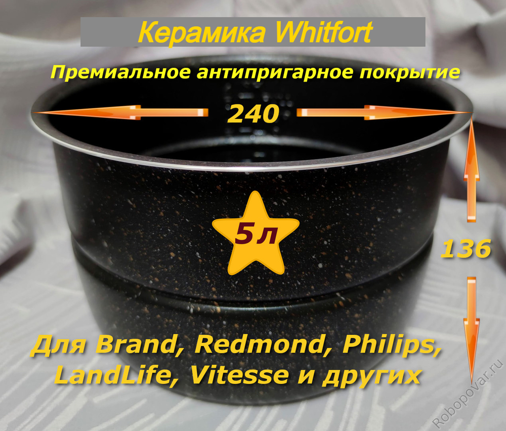Сменная чаша с керамическим покрытием Whitfort и паровой пластиной для мультиварки-скороварки на 5 литров формата YBD