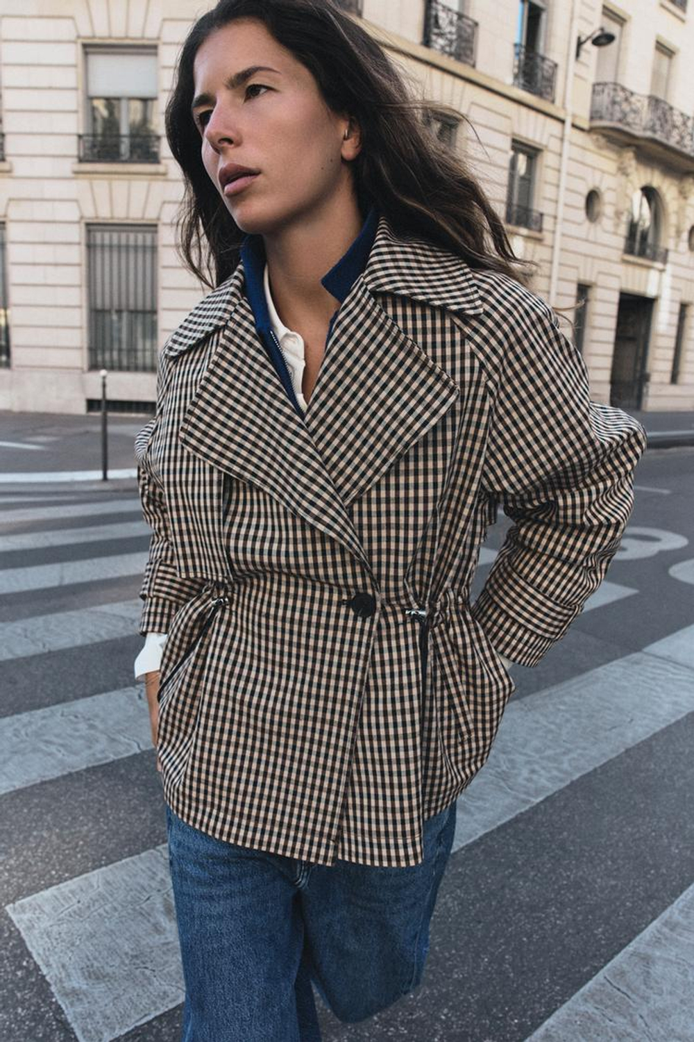 ZARA ДВУБОРТНЫЙ ТРЕНЧ В КЛЕТКУ, БЕЖЕВЫЙ