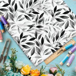 Ткань премиум флис серые листочки на белом