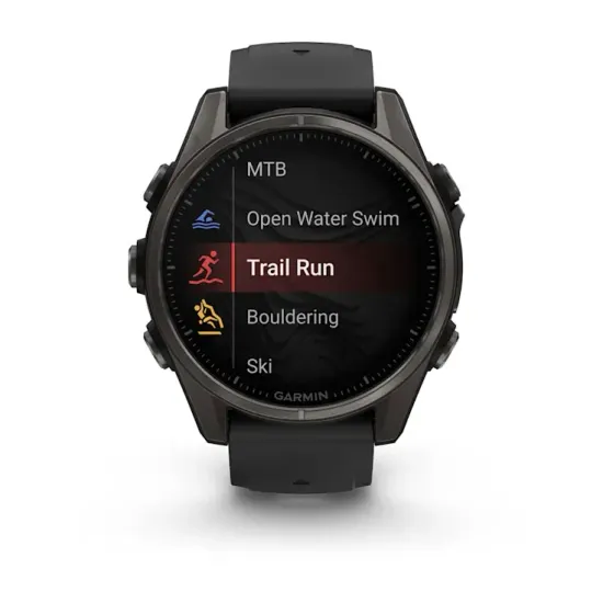 Мультиспортивные GPS часы Garmin Fenix 8S (43 mm) AMOLED, Sapphire Carbon Gray DLC Titanium with Black/Pebble Gray Silicone 010-02903-21