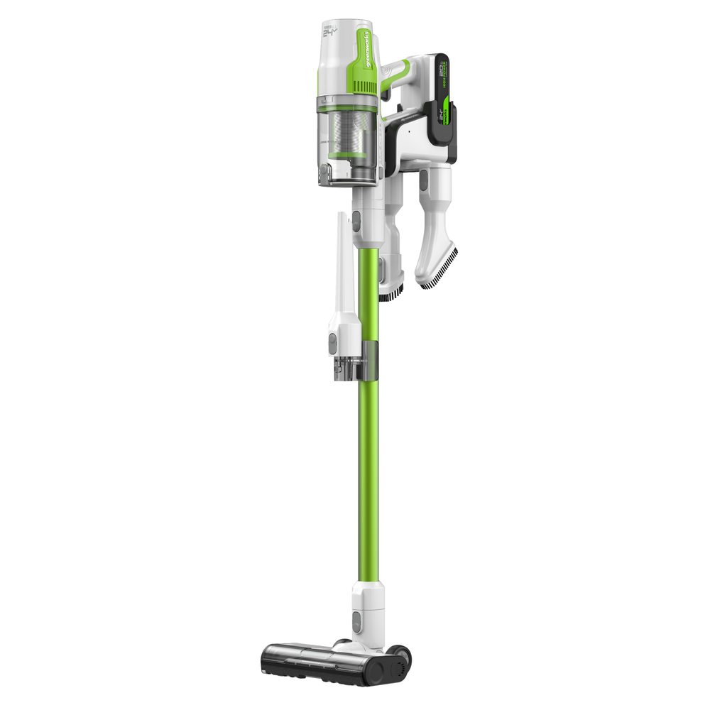 Пылесос вертикальный акк. Greenworks SV24532, 24V, б/щет, 350 Вт, 21 кПа, электрощетка, 3 насадки, LED, белый+зеленый, 1х2Ач и ЗУ (4702007UA)