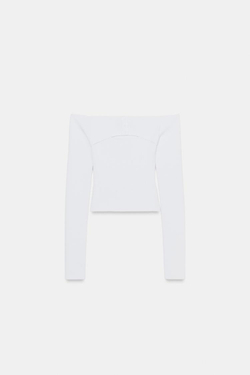 ZARA ПРИТАЛЕННЫЙ ТРИКОТАЖНЫЙ ТОП С ВЫРЕЗОМ, БЕЛЫЙ