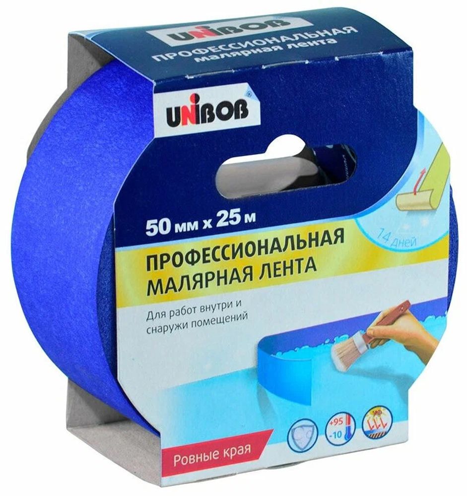 Клейкая лента малярная профессиональная д/наружных работ UNIBOB 50мм х 25м (синяя) Клейкая лента малярная профессиональная д/наружных работ UNIBOB 50мм х 25м (синяя)
