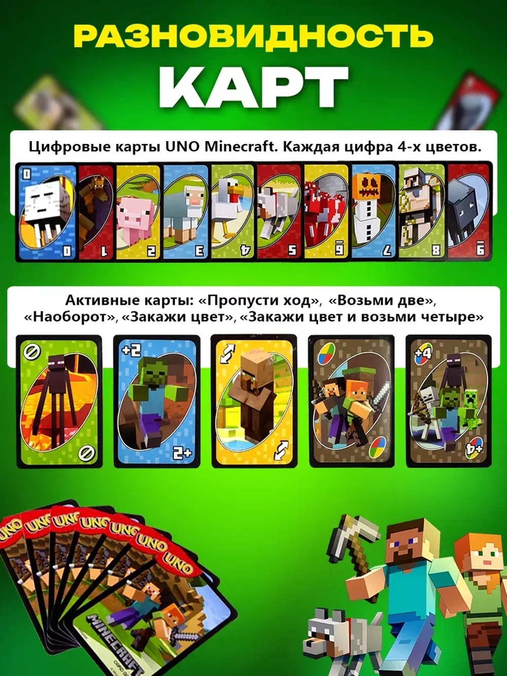 Уно настольная игра для компании, карты Uno, Uno MINECRAFT
