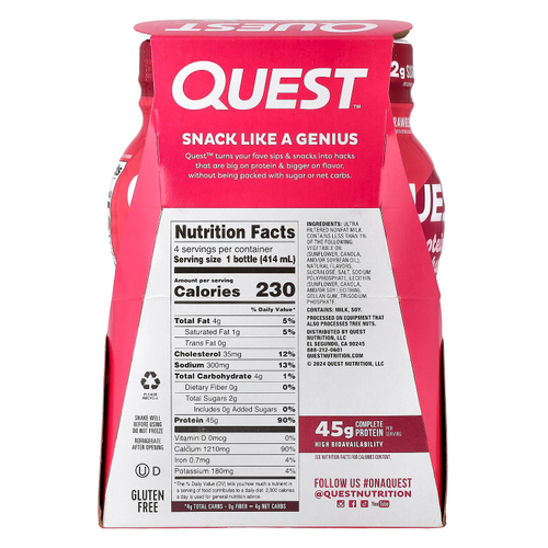Quest Nutrition, Протеиновый молочный коктейль, клубника, 4 флакона по 414 мл (14 жидк. Унций)