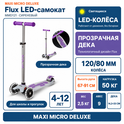 Самокат Maxi Micro Deluxe Flux LED Сиреневый