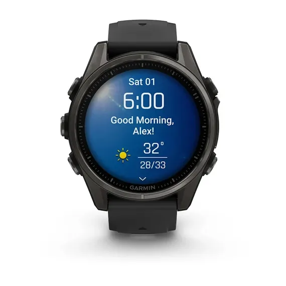 Fenix 8 - 43 мм, AMOLED, Sapphire (угольно-черный DLC, пепельно-серый ремешок)