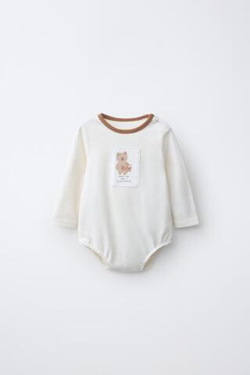 ZARA БОДИ С НАШИВКОЙ «МЕДВЕДЬ», СВЕТЛЫЙ ЭКРЮ
