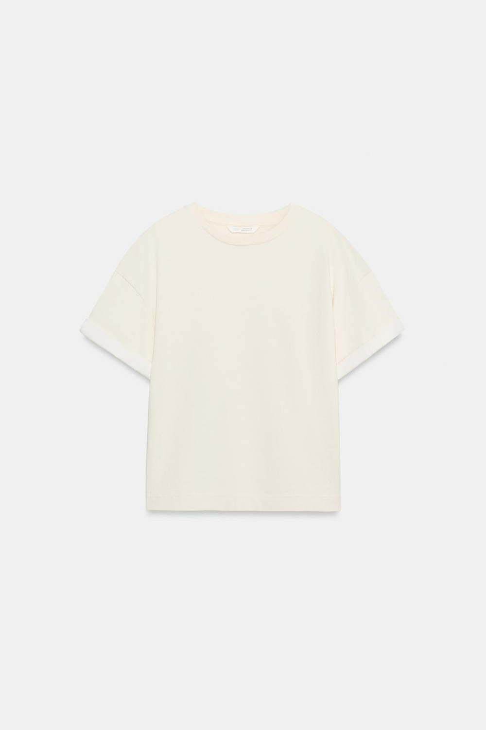 ZARA ФУТБОЛКА ИЗ ПЛОТНОГО ХЛОПКА С КОРОТКИМИ РУКАВАМИ, ЭКРЮ