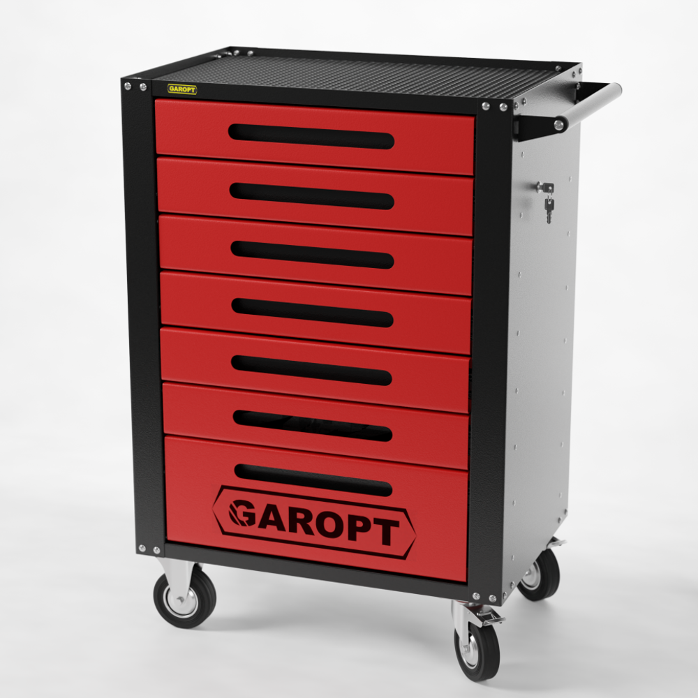 Тележка инструментальная Garopt 7 ящиков КРАСНАЯ, центральный замок, увеличенные колеса, доводчики,  GAROPT  Серия "High", высота 1040мм