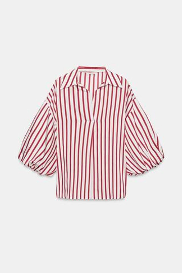 ZARA РУБАШКА В ПОЛОСКУ С ОБЪЕМНЫМИ РУКАВАМИ, КРАСНЫЙ/БЕЛЫЙ