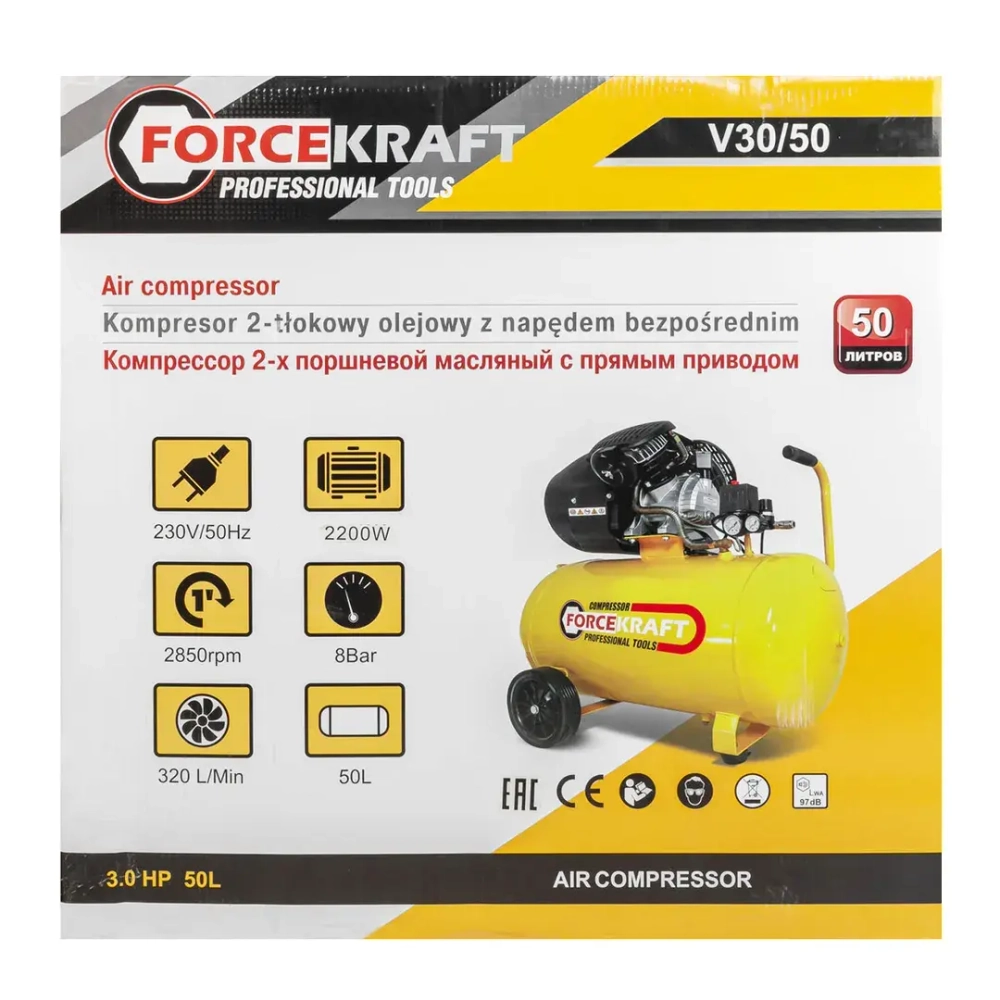 Компрессор 2-х поршневой с прямым приводом (ресивер 50л, 8 бар, 320л/м, 2200W, 230V) FORCEKRAFT FK-V30/50
