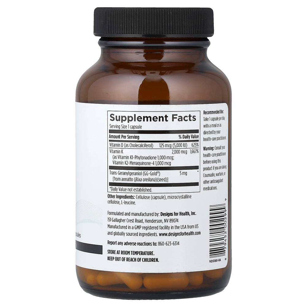 Designs For Health, Vitamin D Supreme с витаминами K1 и K2, 180 вегетарианских капсул